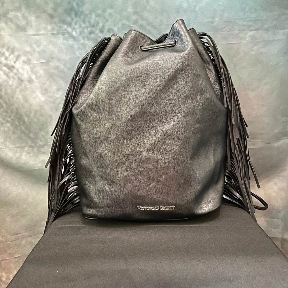 Victorias Secret Black Faux Leather Fringe Drawstring‎ Backpack Gold Logo Bag